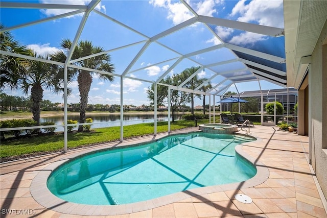 8629 Julia Ln, Naples, FL 34114 - view of pool featuring a water view, a patio, a pool with connected hot tub, and a lanai