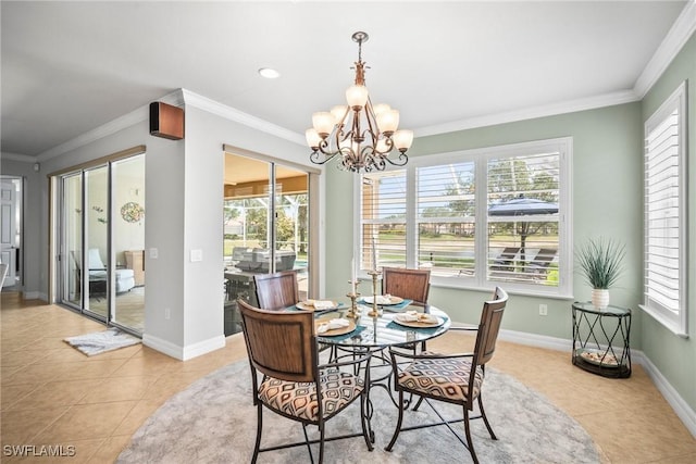 8629 Julia Ln, Naples, FL 34114 - dining space featuring light tile patterned floors, an inviting chandelier, and ornamental molding