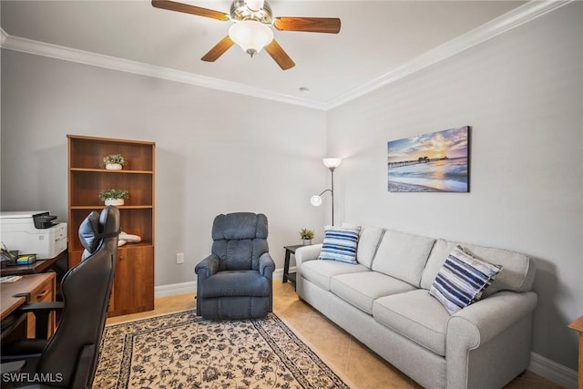 8629 Julia Ln, Naples, FL 34114 - living area featuring light tile patterned floors, baseboards, crown molding, and ceiling fan