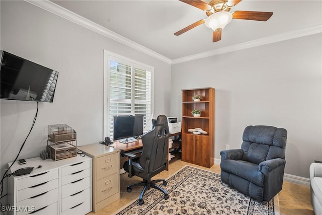 8629 Julia Ln, Naples, FL 34114 - home office with a ceiling fan, light tile patterned flooring, baseboards, and ornamental molding