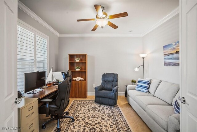 8629 Julia Ln, Naples, FL 34114 - office area with ornamental molding, baseboards, a ceiling fan, and light tile patterned flooring