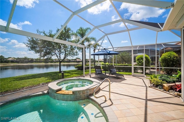 8629 Julia Ln, Naples, FL 34114 - view of pool featuring a water view, a patio, a pool with connected hot tub, and a lanai