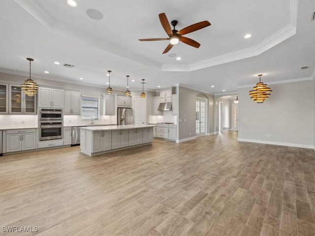 kitchen featuring a wealth of natural light, a tray ceiling, appliances with stainless steel finishes, under cabinet range hood, and open floor plan
