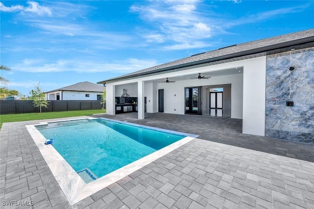 1041 Embers Pkwy W, Cape Coral, FL 33993 - view of swimming pool with a fenced in pool, a fenced backyard, a patio, a lawn, and ceiling fan