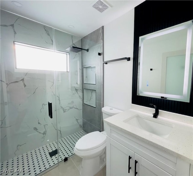 856 Jaguar Blvd, Lehigh Acres, FL 33974 - full bathroom with toilet, vanity, a marble finish shower, and visible vents