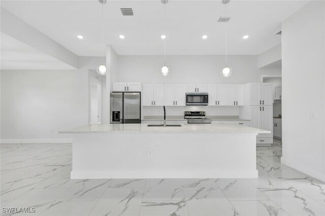 kitchen with white cabinetry, stainless steel appliances, marble finish floor, a sink, and visible vents