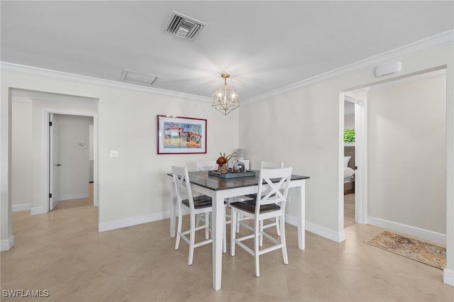 dining area with an inviting chandelier, ornamental molding, baseboards, and visible vents