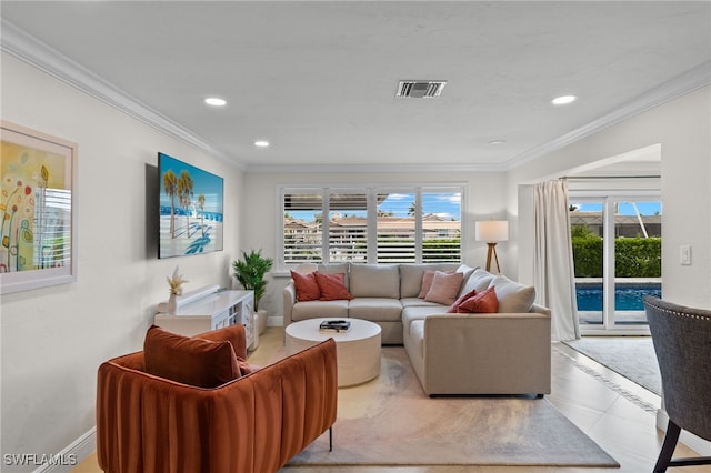 tiled living room with baseboards, ornamental molding, visible vents, and recessed lighting