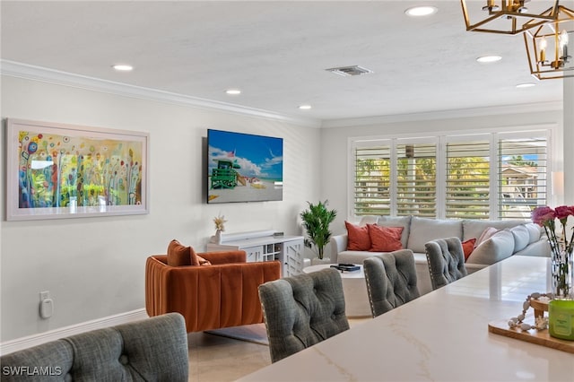 dining room featuring crown molding, a chandelier, baseboards, visible vents, and recessed lighting