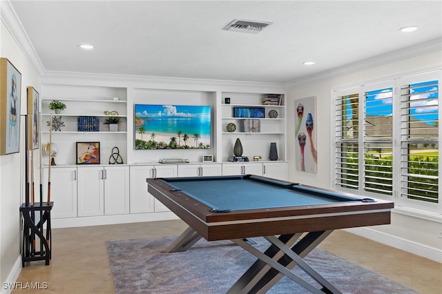 recreation room with billiards, built in features, crown molding, and visible vents