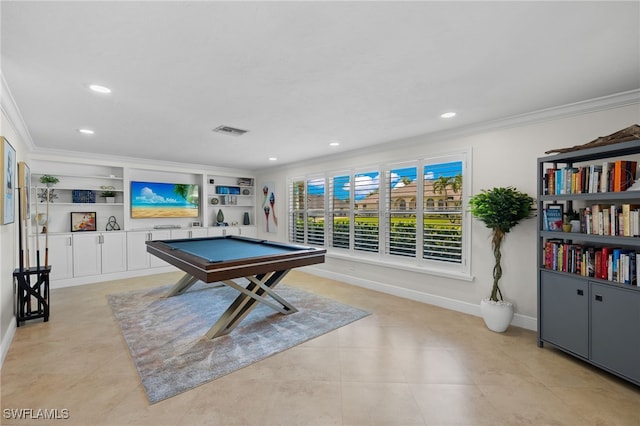 recreation room with recessed lighting, crown molding, pool table, and visible vents