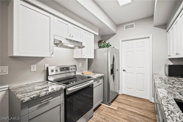 4665 Saint Croix Ln Unit 1525, Naples, FL 34109 - kitchen featuring light wood-style flooring, stainless steel appliances, under cabinet range hood, visible vents, and white cabinets