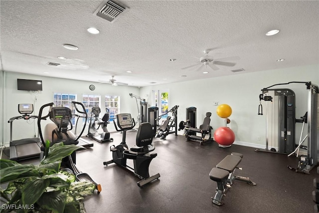 4665 Saint Croix Ln Unit 1525, Naples, FL 34109 - exercise room featuring a textured ceiling, ceiling fan, and visible vents