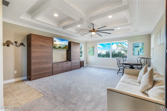 9337 Campanile Cir, Naples, FL 34114 - living area with light carpet, baseboards, visible vents, and crown molding