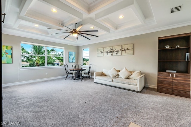 9337 Campanile Cir, Naples, FL 34114 - carpeted living area with coffered ceiling, visible vents, crown molding, and a ceiling fan