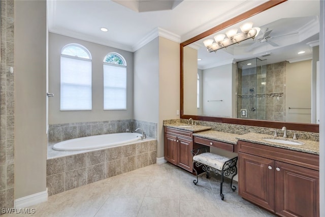 9337 Campanile Cir, Naples, FL 34114 - bathroom featuring a bath, crown molding, tiled shower, and a sink