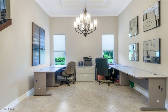 9337 Campanile Cir, Naples, FL 34114 - office space with baseboards, crown molding, a raised ceiling, and a chandelier
