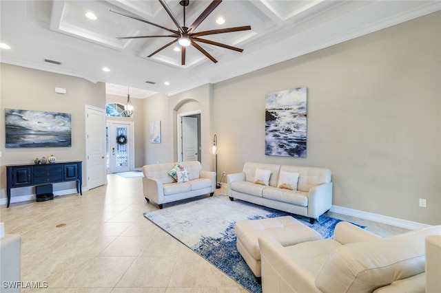 9337 Campanile Cir, Naples, FL 34114 - living room featuring recessed lighting, coffered ceiling, baseboards, and ceiling fan
