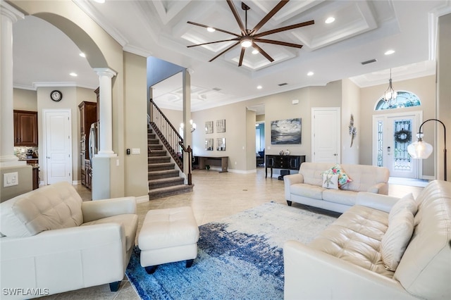 9337 Campanile Cir, Naples, FL 34114 - living area with ornate columns, ornamental molding, a towering ceiling, recessed lighting, and coffered ceiling