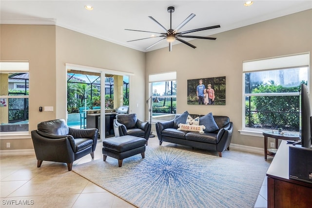 9337 Campanile Cir, Naples, FL 34114 - living room with a ceiling fan, light tile patterned floors, baseboards, and recessed lighting