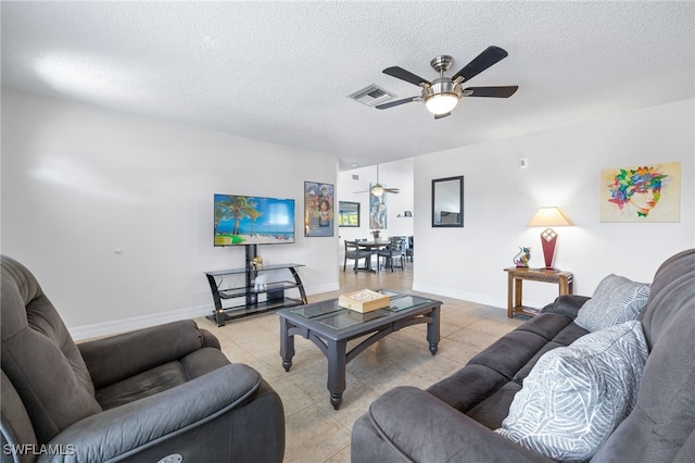 1015 SE 25th Ln, Cape Coral, FL 33904 - living room with a textured ceiling, visible vents, ceiling fan, and light tile patterned floors