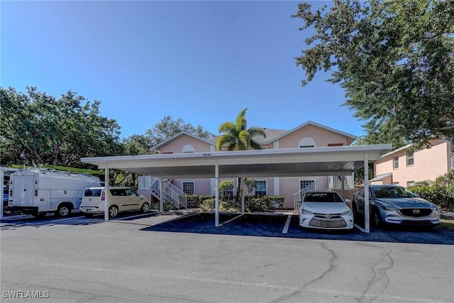covered parking lot with stairway