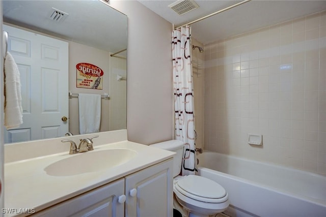 full bathroom with visible vents, toilet, vanity, and shower / bath combination with curtain