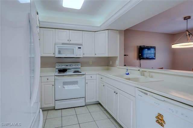 kitchen with white cabinetry, light tile patterned floors, a sink, and white appliances