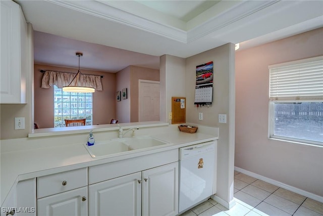 kitchen with white dishwasher, a sink, light tile patterned flooring, light countertops, and white cabinets