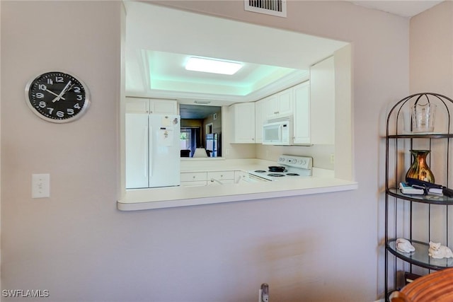 room details featuring visible vents, white appliances, and a raised ceiling