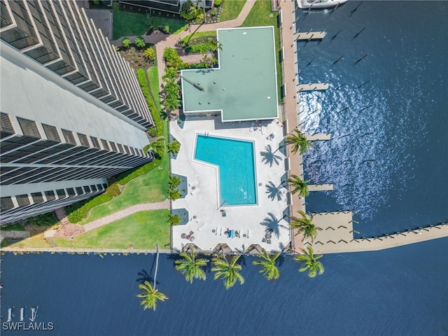 aerial view featuring a water view