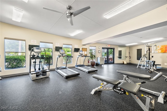 exercise room with baseboards and ceiling fan