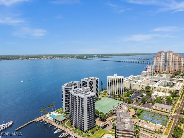 bird's eye view with a water view