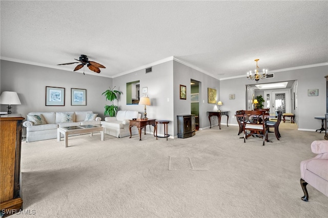 living area featuring ornamental molding, a textured ceiling, visible vents, light colored carpet, and ceiling fan with notable chandelier