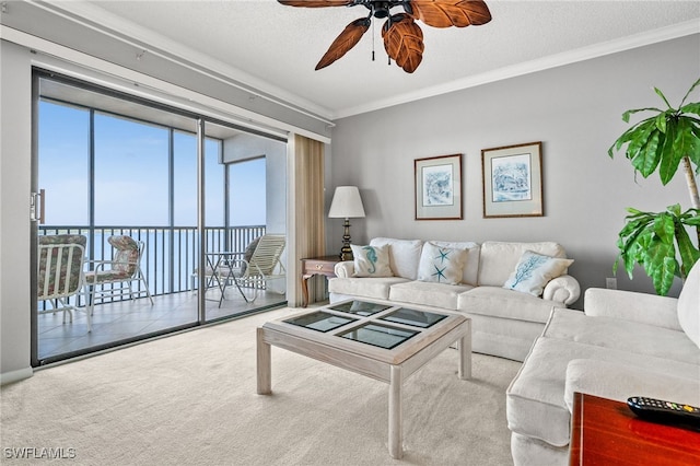 living area featuring carpet floors, a ceiling fan, ornamental molding, and a healthy amount of sunlight