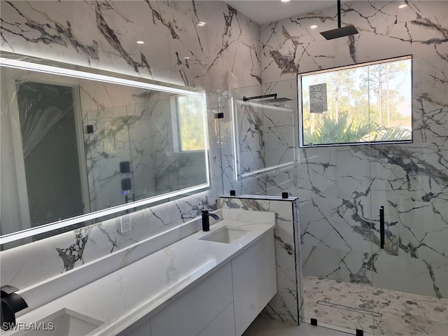 157 Everglades Blvd S, Naples, FL 34117 - full bathroom with a marble finish shower, double vanity, and marble tiled flooring