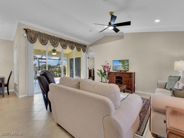 3904 SW 20th Ave, Cape Coral, FL 33914 - living room with lofted ceiling, ceiling fan, and crown molding