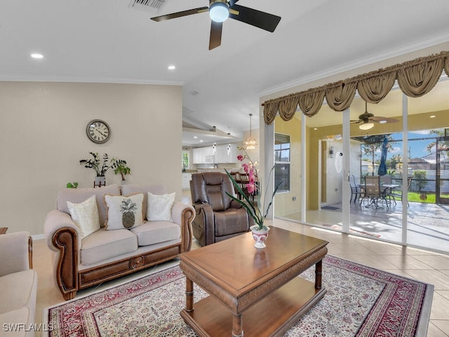 3904 SW 20th Ave, Cape Coral, FL 33914 - tiled living area with vaulted ceiling, ornamental molding, and a ceiling fan