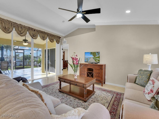 3904 SW 20th Ave, Cape Coral, FL 33914 - living room featuring crown molding, vaulted ceiling, baseboards, visible vents, and a ceiling fan
