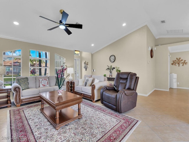 3904 SW 20th Ave, Cape Coral, FL 33914 - living area featuring vaulted ceiling, a ceiling fan, ornamental molding, and light tile patterned floors