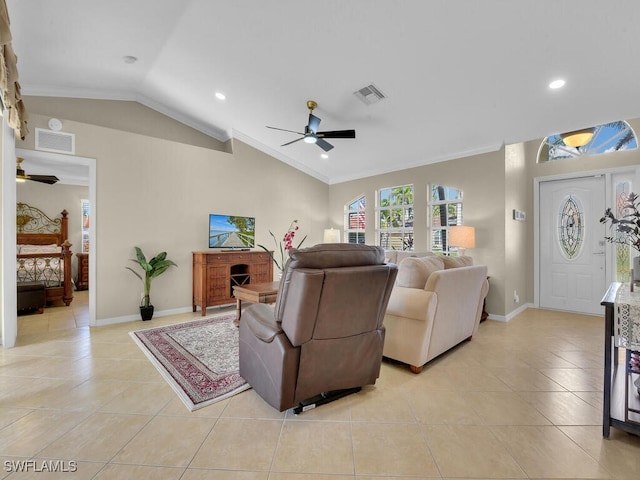 3904 SW 20th Ave, Cape Coral, FL 33914 - living room featuring ceiling fan, visible vents, vaulted ceiling, and light tile patterned floors