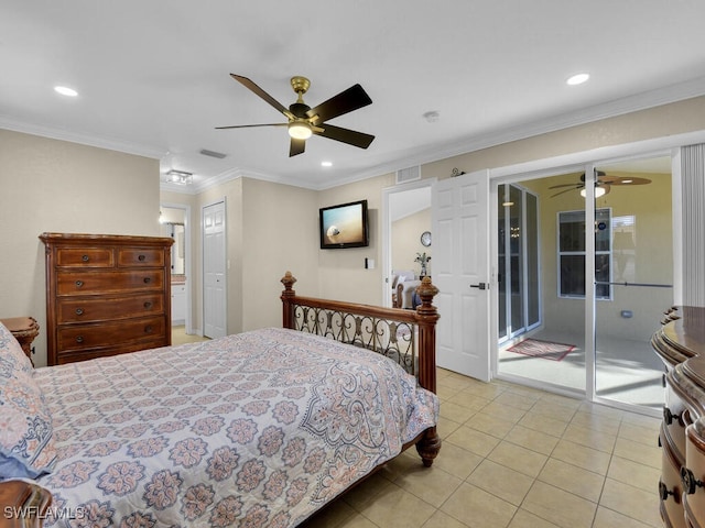 3904 SW 20th Ave, Cape Coral, FL 33914 - bedroom with light tile patterned flooring, crown molding, access to outside, ceiling fan, and recessed lighting