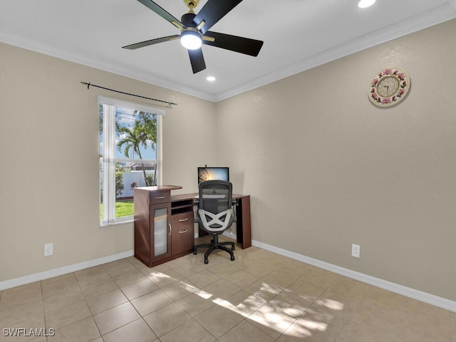 3904 SW 20th Ave, Cape Coral, FL 33914 - home office with crown molding, baseboards, ceiling fan, recessed lighting, and light tile patterned floors