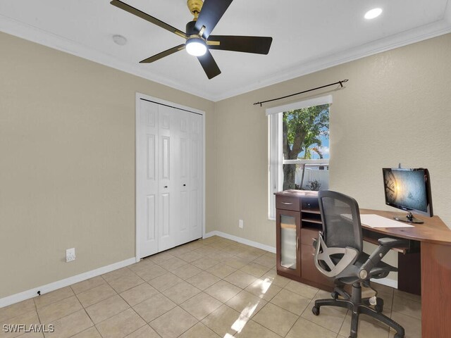 3904 SW 20th Ave, Cape Coral, FL 33914 - office with ornamental molding, ceiling fan, and light tile patterned floors