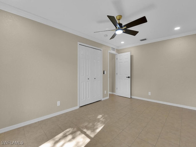 3904 SW 20th Ave, Cape Coral, FL 33914 - spare room featuring crown molding, a ceiling fan, baseboards, visible vents, and recessed lighting