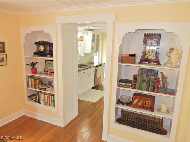 corridor with baseboards, ornamental molding, a sink, and wood finished floors