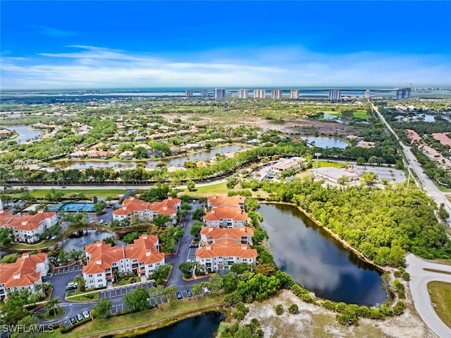 aerial view featuring a water view