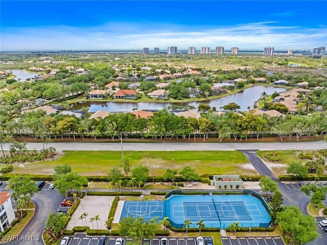 aerial view featuring a water view