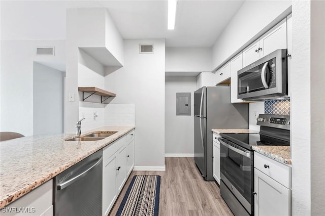 kitchen with visible vents, appliances with stainless steel finishes, a sink, open shelves, and backsplash