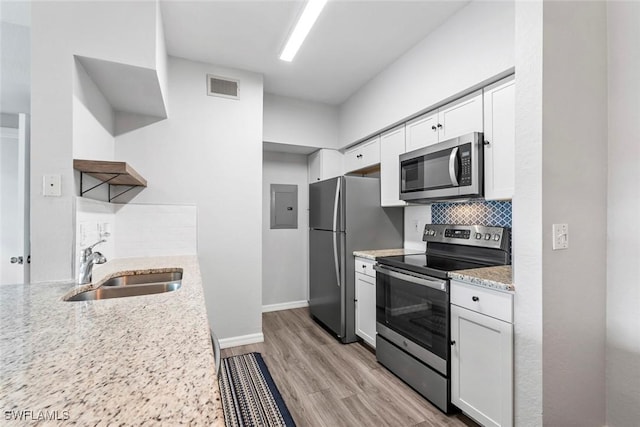kitchen with open shelves, stainless steel appliances, decorative backsplash, a sink, and visible vents